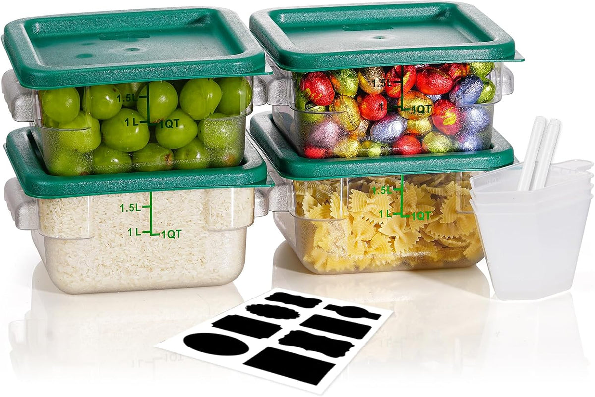 4QT NSF Food Storage Containers: 8 PCS [Food Grade][Hot&Cold Resistant] Commercial Clear Food Storage Containers with Lids for Restaurant Kitchen Proof Dough, Measuring Spoons Included(BPA FREE) - Colors A