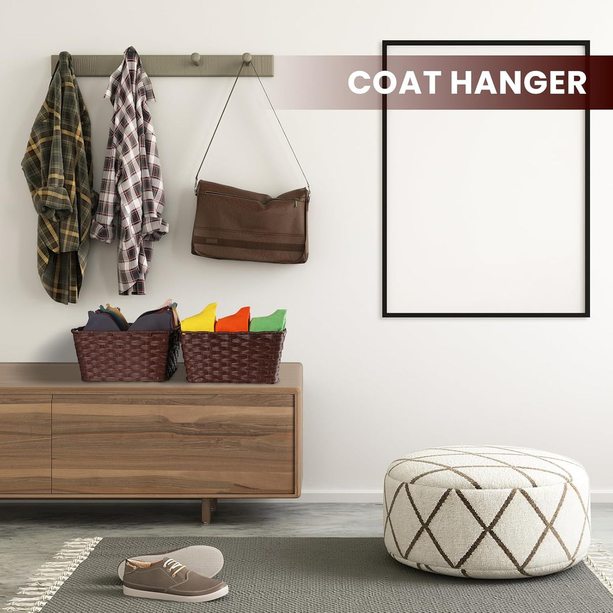 Onlytak Large Wicker Storage Basket, Metal Frame, Set of 2, Washable Waterproof, 15" x 10.3" x 5.2", Brown Color, Woven Basket for Pantry, Toilet, Bathroom, Bedroom, Patio