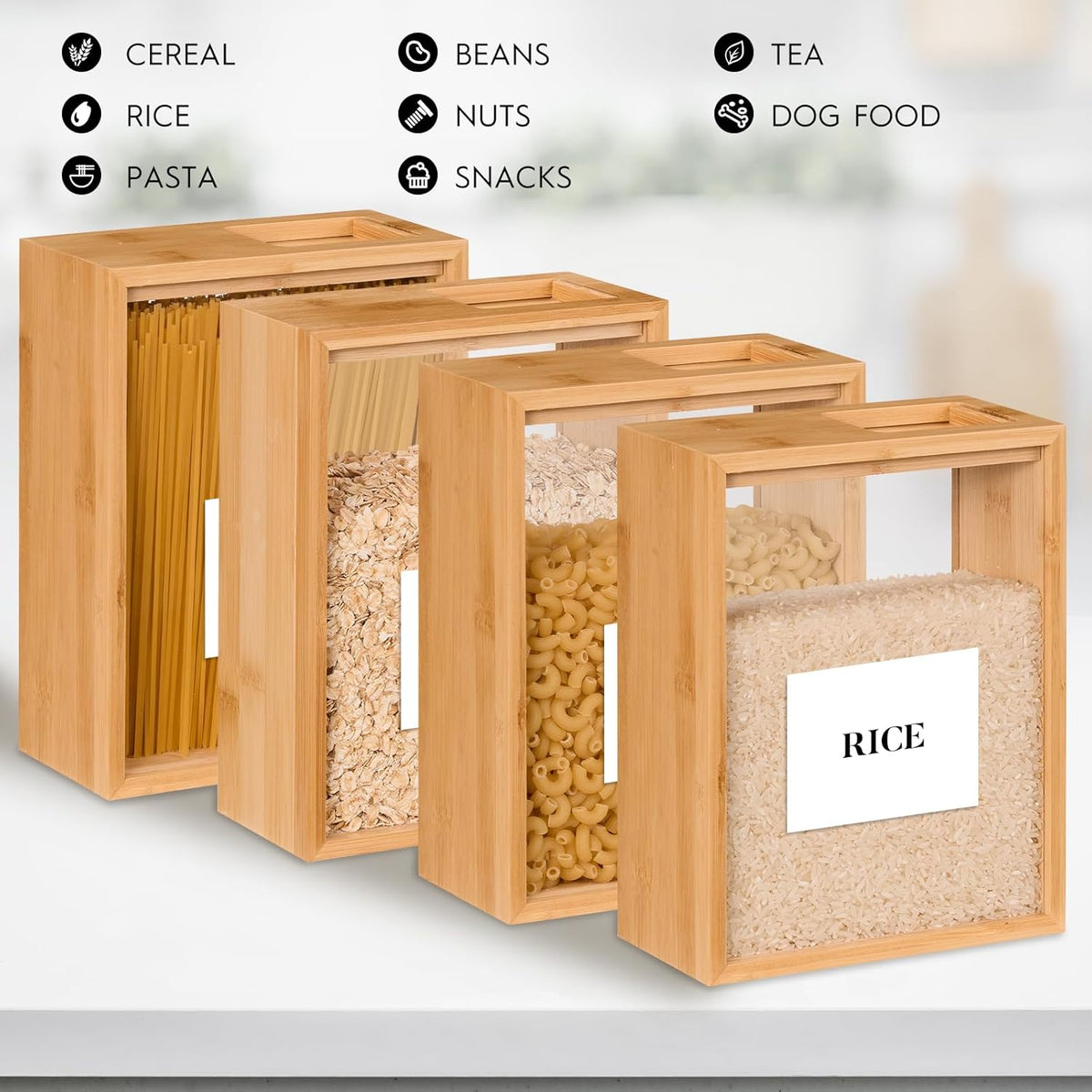 Food Dispenser 2L,2 Pack Easy-to-Clean Bamboo Food Storage Containers Featuring a Removable PVC Door Panel，Cereal Cispensers For Serving Tea,Coffee,Sugar,Candy,Pasta,Spice
