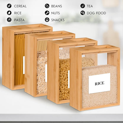 Food Dispenser 2L,2 Pack Easy-to-Clean Bamboo Food Storage Containers Featuring a Removable PVC Door Panel，Cereal Cispensers For Serving Tea,Coffee,Sugar,Candy,Pasta,Spice