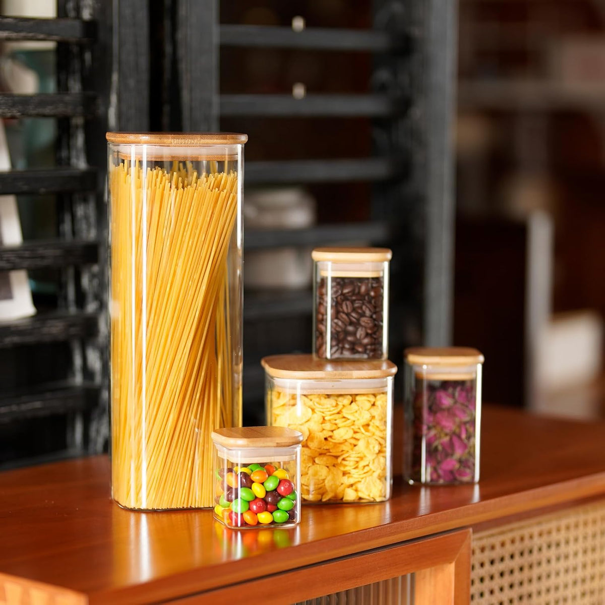 SHOWIN Glass Food Storage Jars Square 37oz, 4 Pack Glass Jars With Bamboo Lids, Kitchen Storage Containers For Spice, Candy, Cookie, Storage For Pantry Organizers