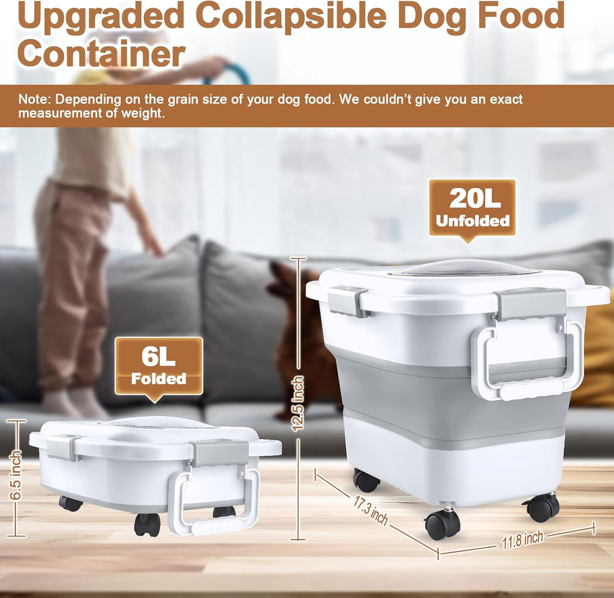 Dog Food Storage Container，10-25 lbs Airtight Collapsible Cat Food Storage Container with Attachable Wheels, Portable Handle, Dog Food Scoop for Dog Cat Bird Pet Dry Food Storage Bin Dark Grey