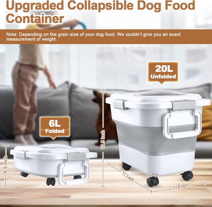Dog Food Storage Container，10-25 lbs Airtight Collapsible Cat Food Storage Container with Attachable Wheels, Portable Handle, Dog Food Scoop for Dog Cat Bird Pet Dry Food Storage Bin Dark Grey