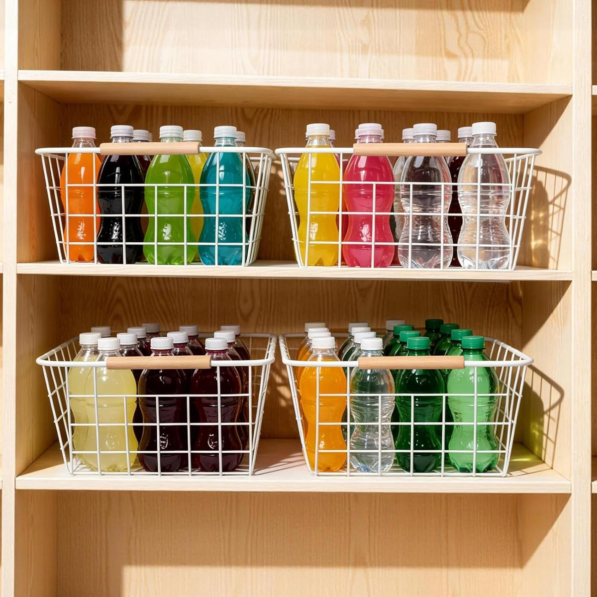 Black Wire Storage Baskets with Wooden Handles - Organizing Pantry and Kitchen Cabinets - Metal Wire Food Storage Basket