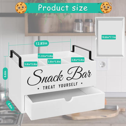 Snack Organizer for Countertop, Wood Pantry Storage Bins with Handles, Snack Bar Organizer for Kitchen, Office, 4 Compartment Food Container Snack Box with Drawer, Pantry Organizer for Chips, Candy