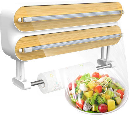 4in1 Plastic Wrap Dispenser with Cutter Aluminum Foil Organizer Wrapping Paper Storage and Kitchen Towel Holder Ideal for Kitchen Organization and Countertop Space Saving