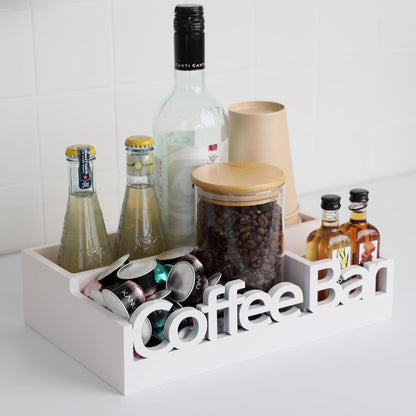 Coffee Bar Organizer for Countertop – Wooden Coffee Caddy with Compartments for Pods, Sugar Packets, and Accessories – Coffee Condiment Station Storage for Home and Office (Black)
