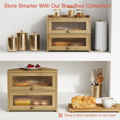 Goozii Corner Bread Box for Kitchen Countertop, Double Layer Large Breadbox for Counter Top, 2 Tier Wooden Farmhouse Homemade Bread Storage Container Holder Keeper for Cabinet (Black Bamboo Wood)