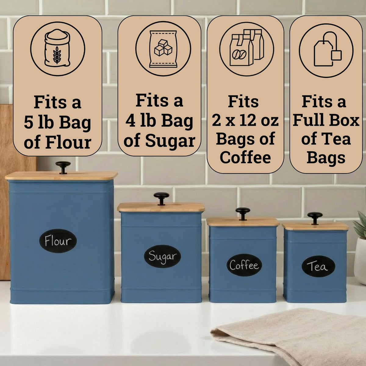 Kitchen Canisters for Countertop Set of 4 with Customizable Chalkboard Labels & Marker Pen - Big Iron Kitchen Canisters with Airtight Lids - Black Canister Set - Flour and Sugar Containers Farmhouse