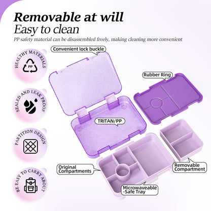 Bento Lunch Box for Kids, 6 Compartments BPA Free, Dishwasher Safe Back to School Snack Bento Lunch Containers Boxes, Ideal Portion Sizes for On-the-Go Meal, Ages 3+, School, Green Patterned