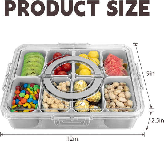 Divided Serving Tray with Lid and Handle,8 Compartments Snacks Box,Snack Fruit Tray,Veggie Tray,Portable Platter for Candy Fruits Nuts Snack Party Entertaining Picnic