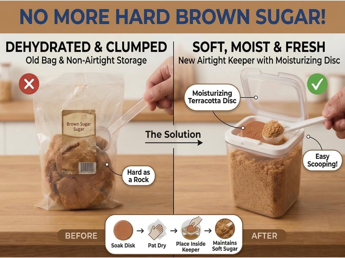 Brown Sugar Container Airtight, 2QT/1.9L Brown Sugar Keeper Storage with Spoon and Terracotta Saver, Canister for Powdered Sugar, Stackable One-Touch Opening Household Saver Organization