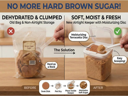 Brown Sugar Container Airtight, 2QT/1.9L Brown Sugar Keeper Storage with Spoon and Terracotta Saver, Canister for Powdered Sugar, Stackable One-Touch Opening Household Saver Organization
