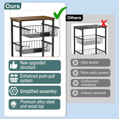 OKZEST 4-Tier Kitchen Storage Cart on Wheels – Mobile Fruit Basket Stand with Drawers & Wooden Top, Small Rolling Pantry Shelf for Potatoes, Onions, Bottled Drinks, Cans, Snacks – Includes 3 PE Liners