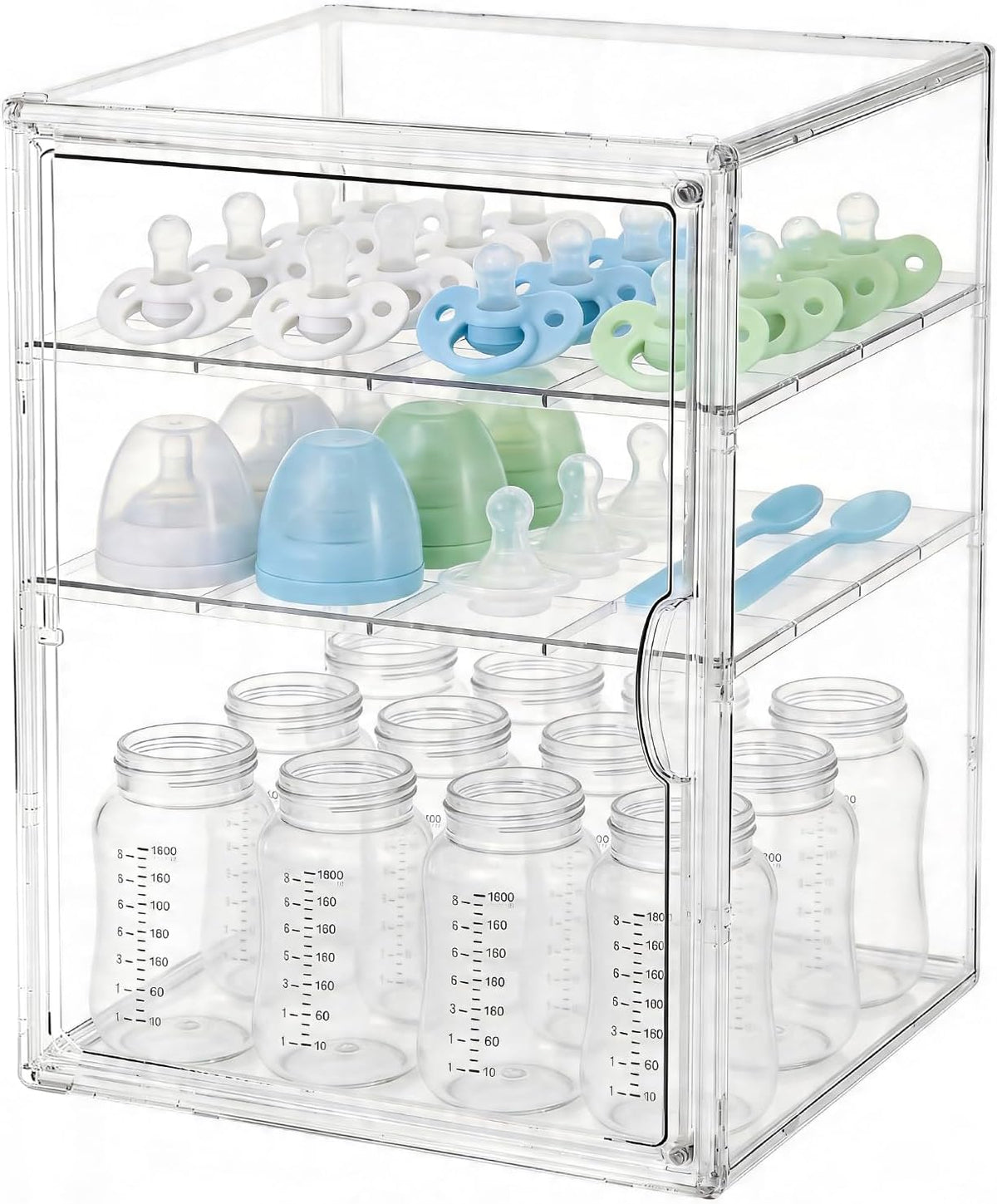 Baby Bottle Organizer, 3-Tier Bottle Storage for Countertop with Double Magnetic Doors, Clear Plastic Bottle Station Organizer Mom Gifts with 2 Dividers for Kitchen, Bathroom, Cabinet, Vanity