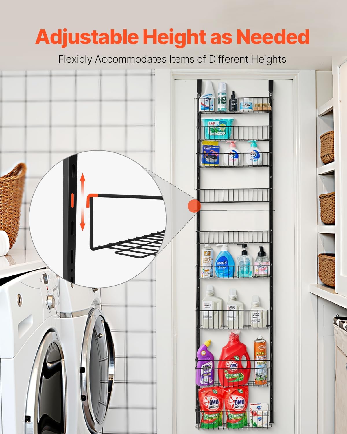 VEVOR Over the Door Pantry Organizer, 10-Tier Pantry Organization and Storage, Heavy-Duty Steel Hanging Spice Rack, Adjustable Wall Seasoning Shelves, for Home Kitchen Laundry Room Bathroom, White