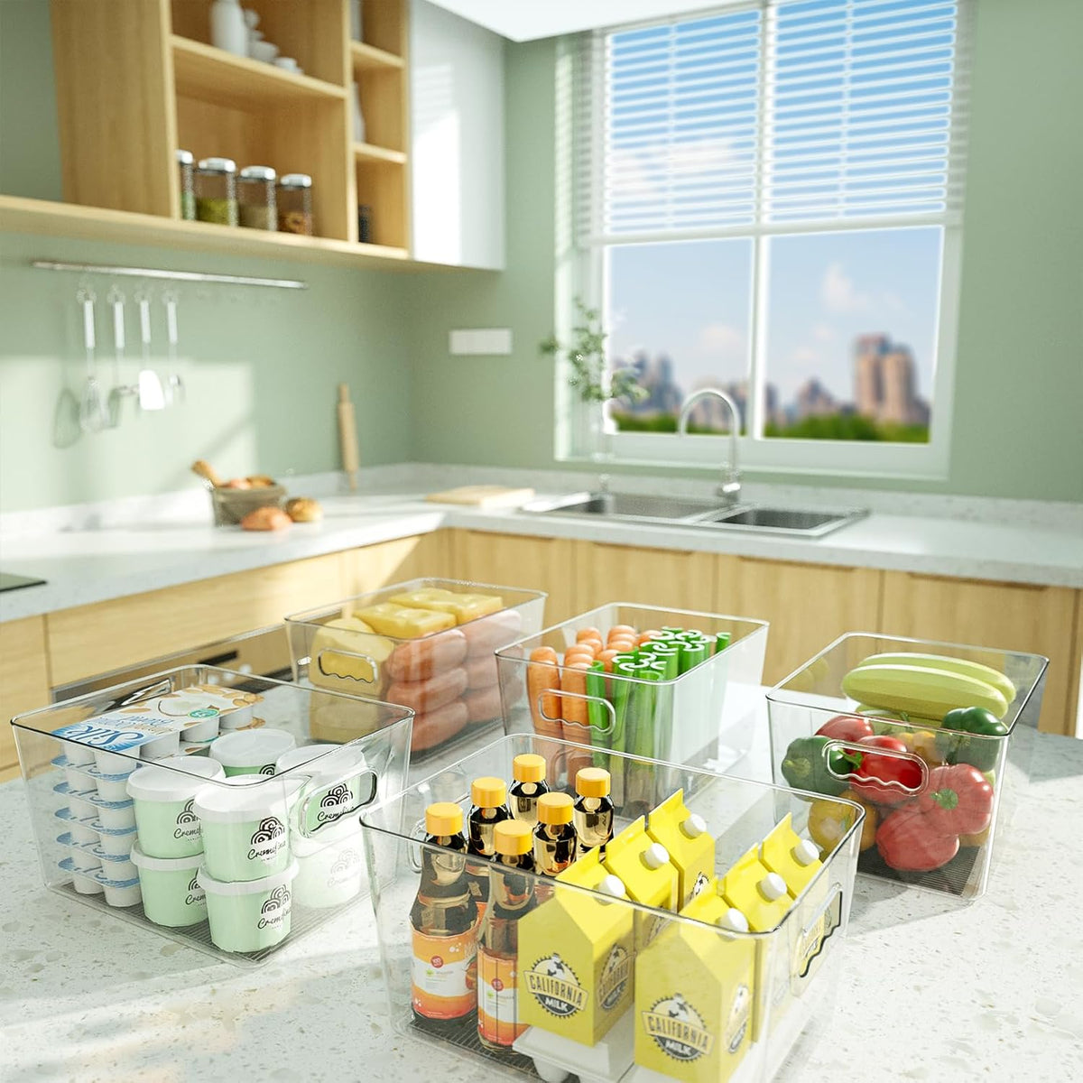 BALEINE Clear Plastic Storage Bins with 3 Removable Dividers, Pantry Organization, BPA Free Stackable Refrigerator Organizers and Storage for Kitchen Fridge Cabinet Bathroom (10.5x6.1x3.5, 4PK)