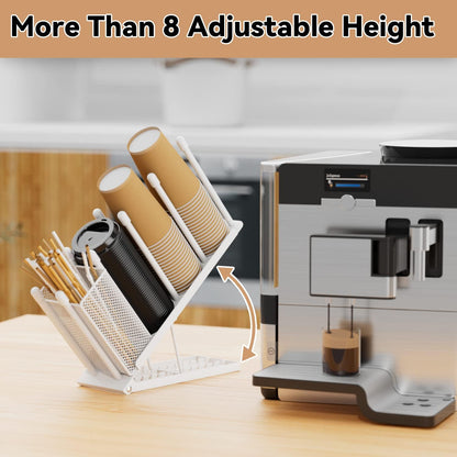 OVICAR Cup and Lid Holder - Adjustable Coffee Cup Holder Organizer 4 Compartment Disposable Cup Dispenser with Coffee Pod Straw Storage Basket for Coffee Station Bar Countertop Breakroom Metal Black