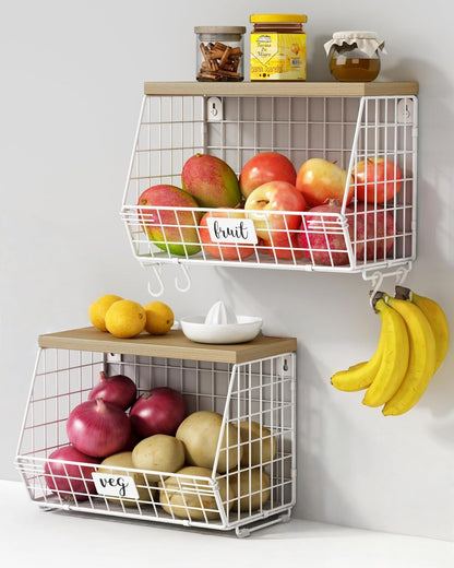 Goozii Hanging Wall Fruit Basket for Kitchen Counter 2 Pack, Stackable Wire Baskets for Organizing with Wood Lid, Potato and Onion Storage Bin with Banana Hook for Vegetable Produce, Black + Rustic