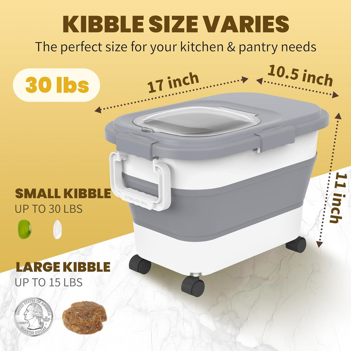 HOYTAMDAR 20-50Lbs Rice Container,Collapsible Food Storage Containers with Airtight Clear Lid,Wheels,Rice Storage Container with Small Bin and Scoop,Rice Dispenser for Flour Sugar Cereal Grain Dog Cat