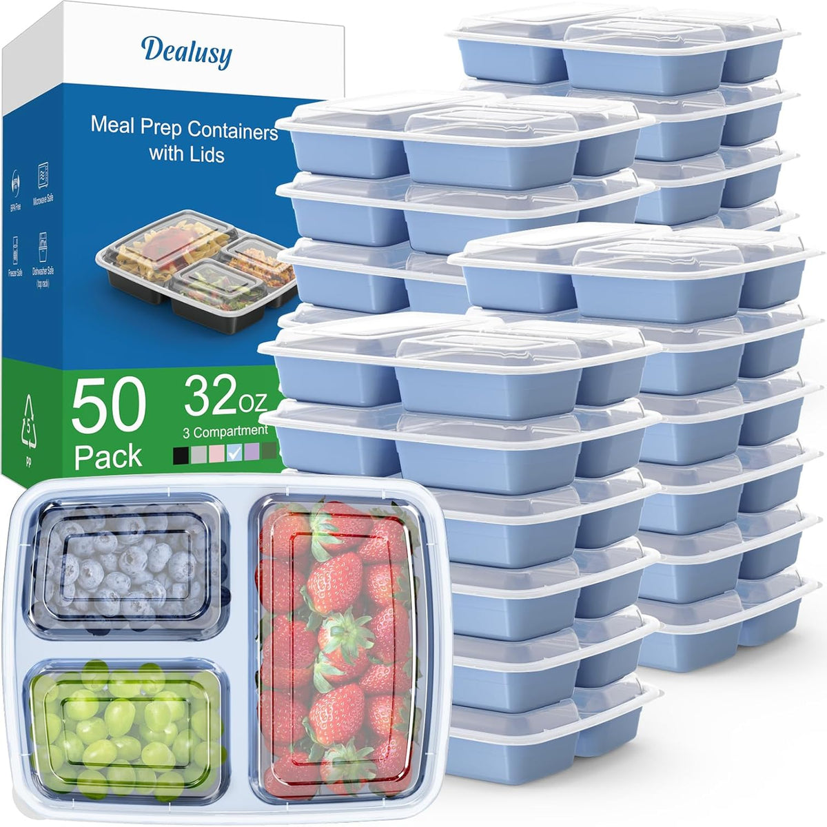 50 Pack (100-Piece) 32 oz Meal Prep Containers Reusable with Lids 3-Compartment, To Go Take Out Plastic Food Storage Containers, Sturdy Leakproof Food Safe, Microwave Freezer Dishwasher Safe, Black