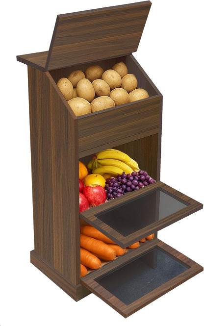 Potato Storage Bin, 3-Tier Potato and Onion Storage Bin with Lid, Wooden Bread Box for Fruit and Vegetable,Food Storage Containers for Kitchen Pantry (Oak)