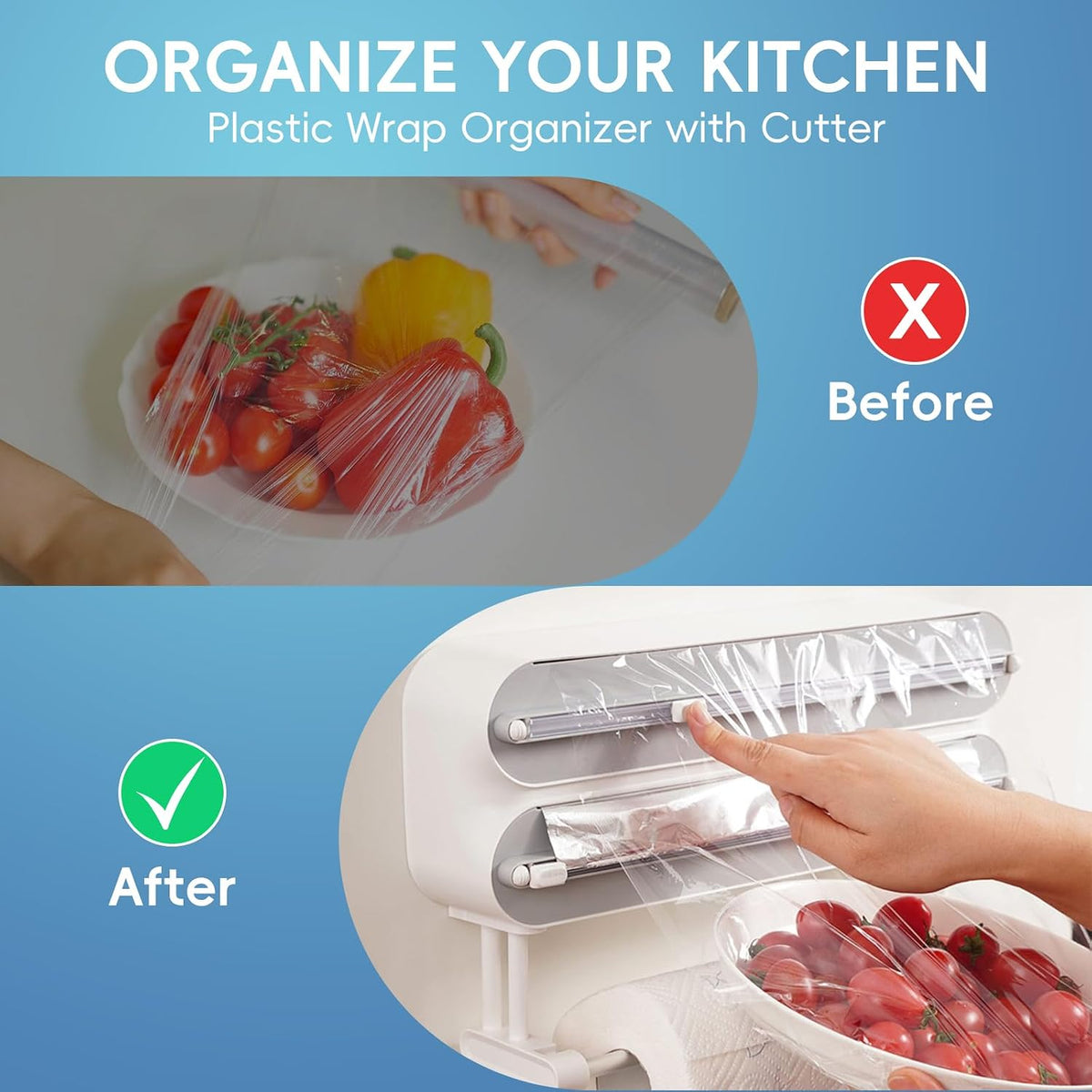 Magnetic Plastic Wrap Dispenser with Cutter,3 in 1 Aluminum Foil wrap Organizer,Upgrade Practical Refillable Cling Wrap Film Cutter，Wall Mount Kitchen Wrap Dispenser - Fits 12" Roll, White