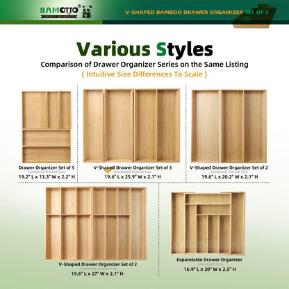 BAMOTTO CRAFTBAMBOO Stack Bamboo Drawer Organizer Set of 5, Kitchen Utensil, Flatware&Silverware Organizer-Wood Laminated Stackable for Kitchen, Bedroom, 13.4''x4.5''*2+10.2''x3.3''*2+10.2''x6.7''*1
