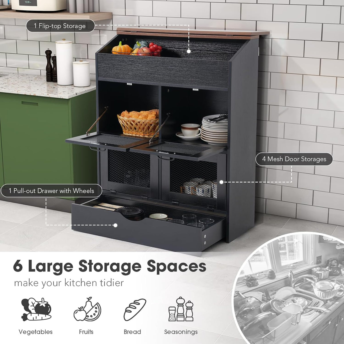 Patiorama Wood Potato and Onion Storage Bin Box with Lid, 4-Tier Farmhouse Wooden Bread Box Cabinet with 2 Mesh Doors & Rolling Drawer, Large Vegetable Storage Bin Organizer for Kitchen Pantry White