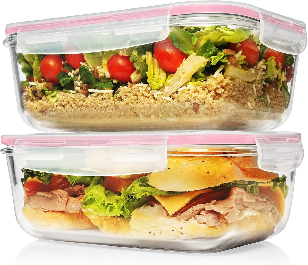 8 Cups/ 63 Oz 4 Piece (2 containers + 2 Lids) Large Glass Food Storage/ Baking Containers with Locking Lids . Ideal for Storing food, vegetables or fruits. BPA Free & Leak Proof -Microwave, Oven Safe