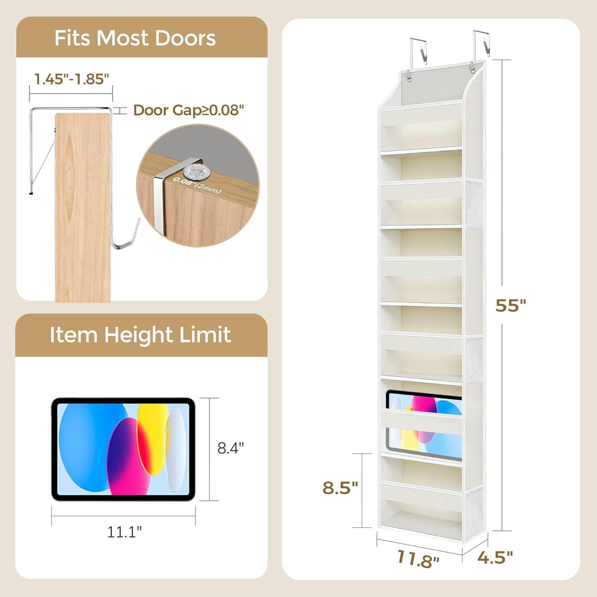 5 Tiers Over the Door Organizer with 10 Mesh Side Pockets, 44 lbs Weight Capacity Closet Hanging Storage Organizer with Large Clear Window Kids Toys, Shoes, Diapers, Beige