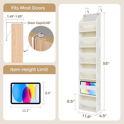 5 Tiers Over the Door Organizer with 10 Mesh Side Pockets, 44 lbs Weight Capacity Closet Hanging Storage Organizer with Large Clear Window Kids Toys, Shoes, Diapers, Beige