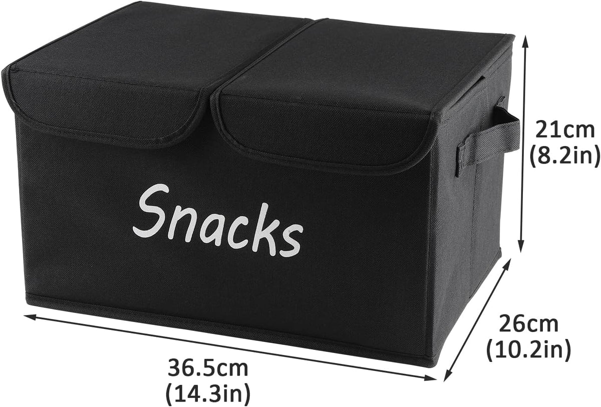 Snack Organizer for Pantry Shelf, Fabric Snack Organizer with Double Lids & Handles, Large 2-Compartment Snack Bin Snack Holder, Snack Basket for Chips Packets, Snack Bar Station Decor -Black
