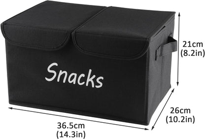 Snack Organizer for Pantry Shelf, Fabric Snack Organizer with Double Lids & Handles, Large 2-Compartment Snack Bin Snack Holder, Snack Basket for Chips Packets, Snack Bar Station Decor -Black