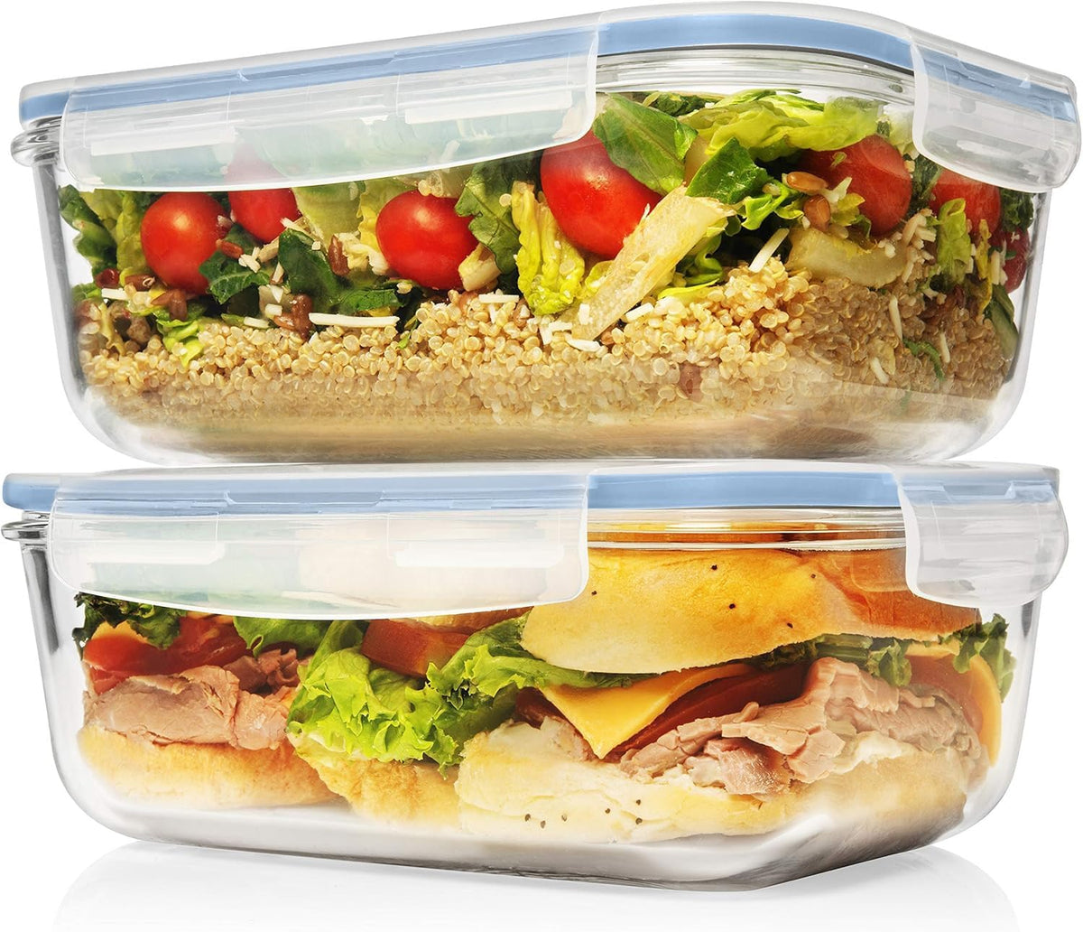 8 Cups/ 63 Oz 4 Piece (2 containers + 2 Lids) Large Glass Food Storage/ Baking Containers with Locking Lids . Ideal for Storing food, vegetables or fruits. BPA Free & Leak Proof -Microwave, Oven Safe
