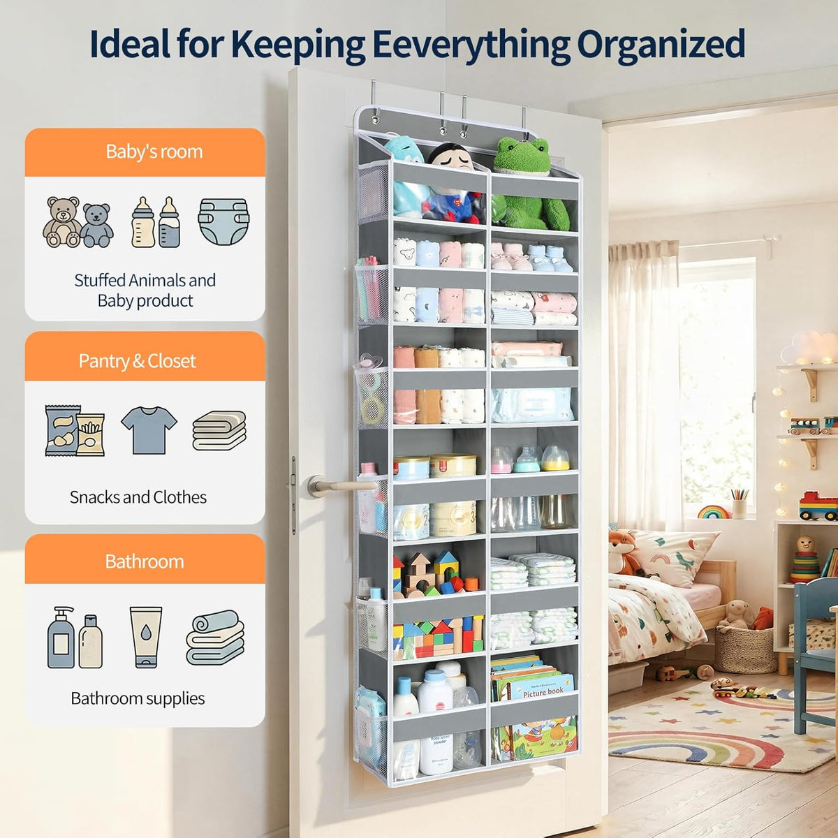 Yecaye Over The Door Organizer, 5 Tier Extra Large Behind Door Storage of 10 Compartments, 80lbs Heavy Duty Door Organizer Hanging with Clear Window for Closet Bedroom Pantry Bathroom, Grey