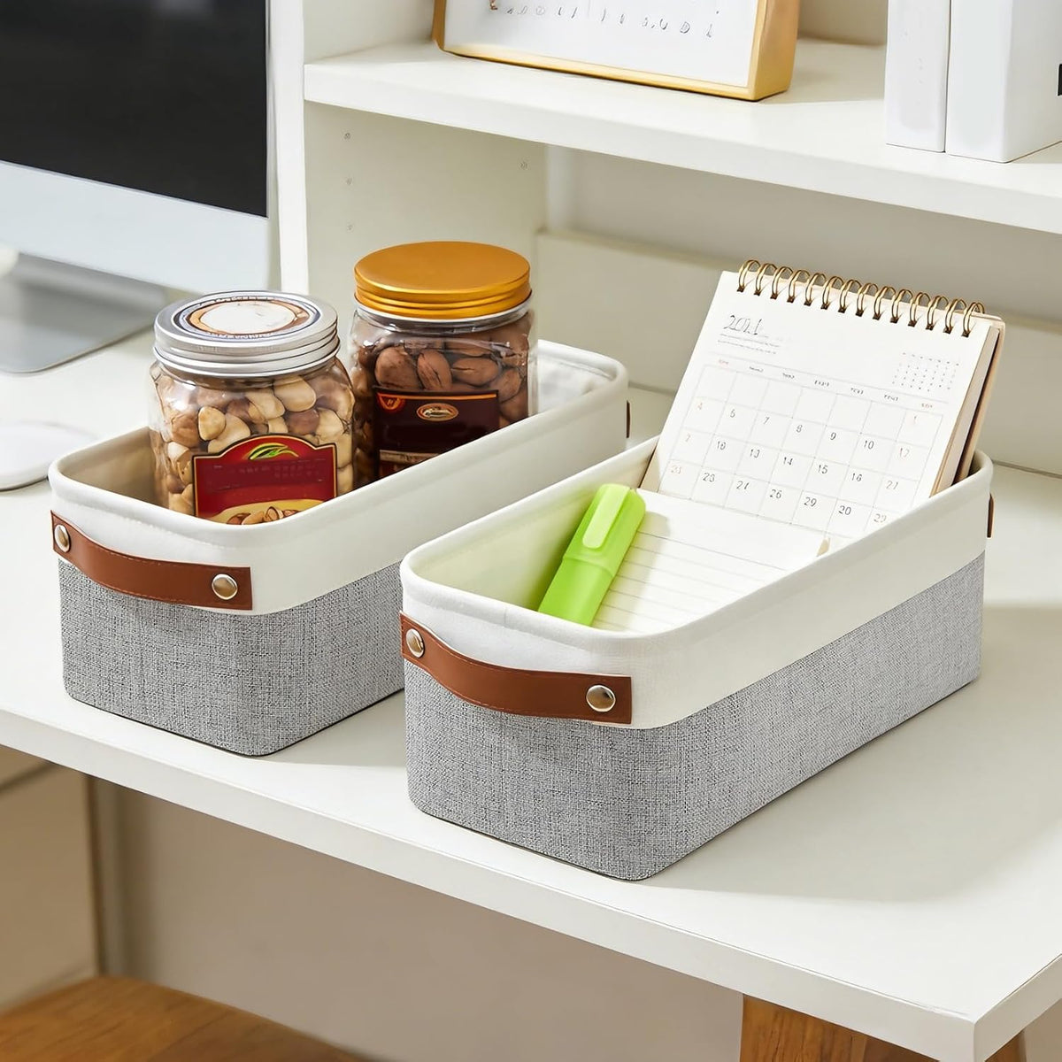 Bagnizer Large Fabric Storage Baskets | 50L Storage Bins, Decorative Linen Closet Baskets with Handles for Organizing, Shelf, Toys, Clothes, Home, Office, Nursery, 17x12x15Inches (Grey&White)