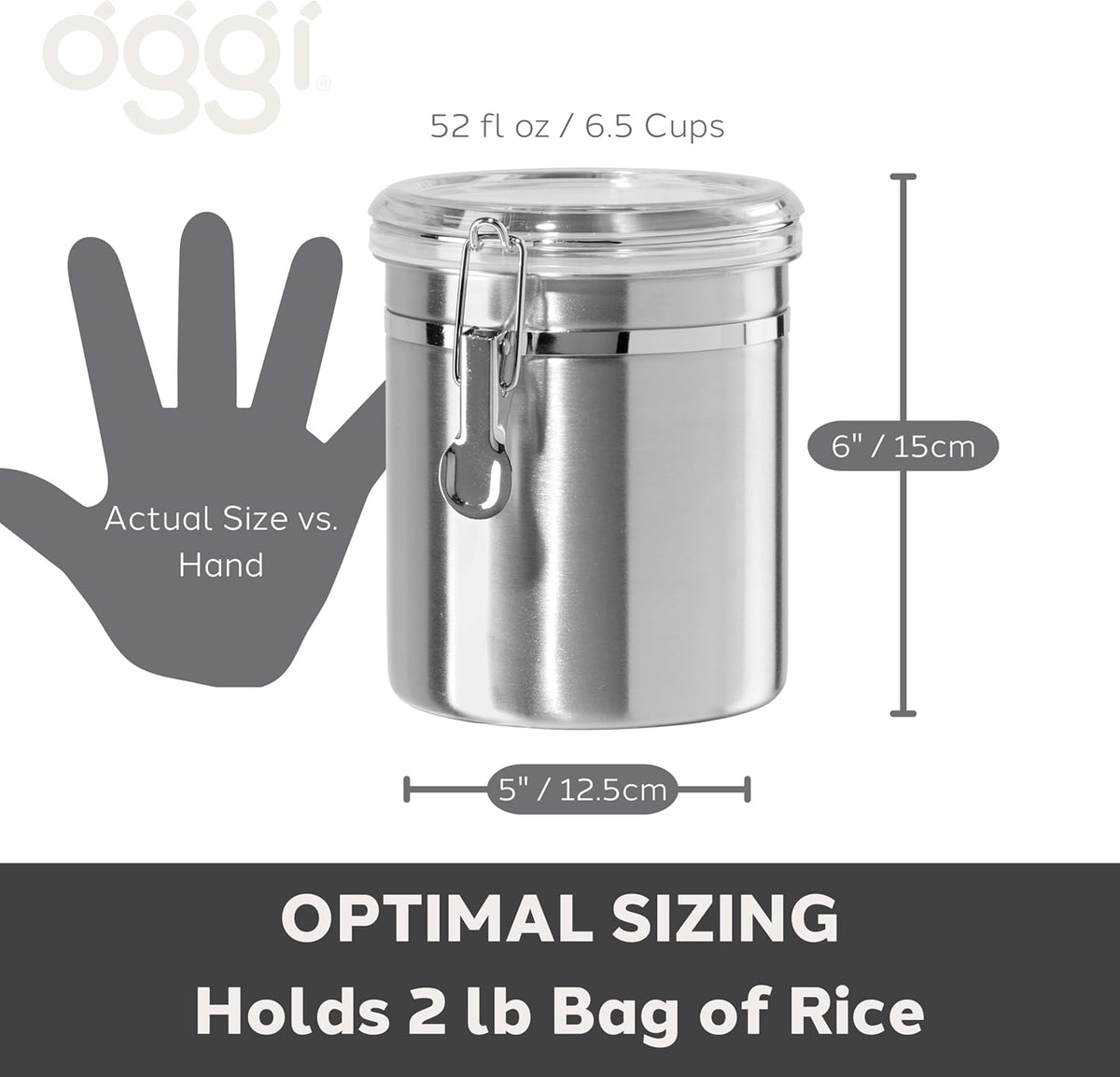 Oggi Stainless Steel Kitchen Canister 152 fl oz - Airtight Clamp Lid, Clear See-Thru Top - Ideal for Kitchen Storage, Food Storage, Pantry Storage. Jumbo Size 8" x 8".