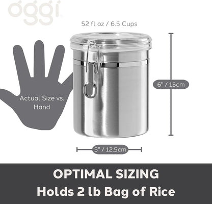 Oggi Stainless Steel Kitchen Canister 152 fl oz - Airtight Clamp Lid, Clear See-Thru Top - Ideal for Kitchen Storage, Food Storage, Pantry Storage. Jumbo Size 8" x 8".