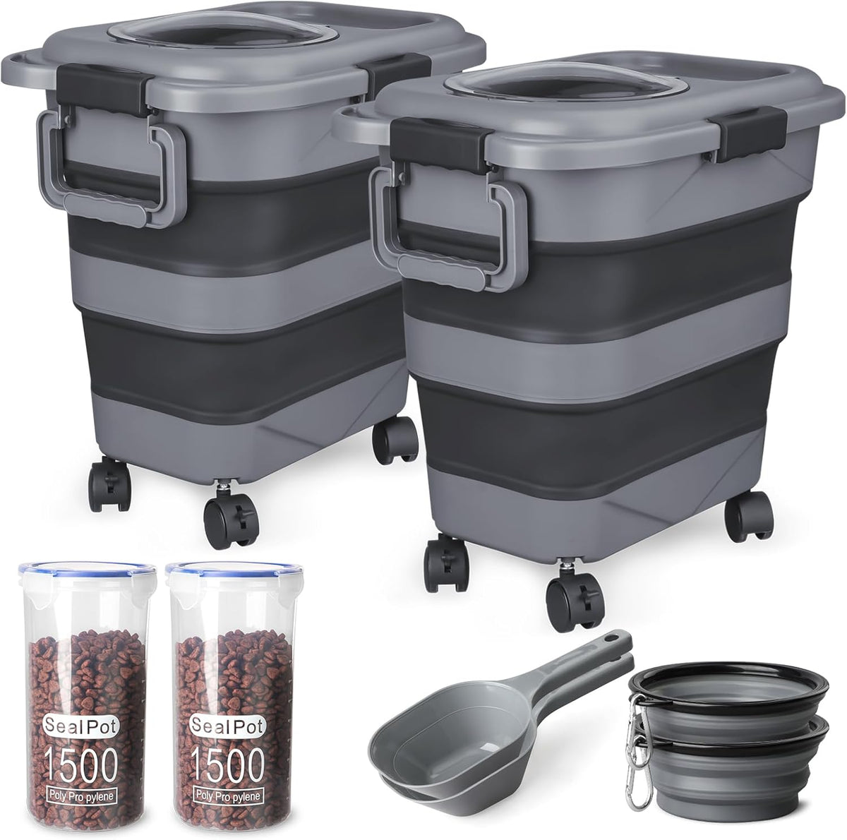 Dog Food Storage Container，10-25 lbs Airtight Collapsible Cat Food Storage Container with Attachable Wheels, Portable Handle, Dog Food Scoop for Dog Cat Bird Pet Dry Food Storage Bin Dark Grey