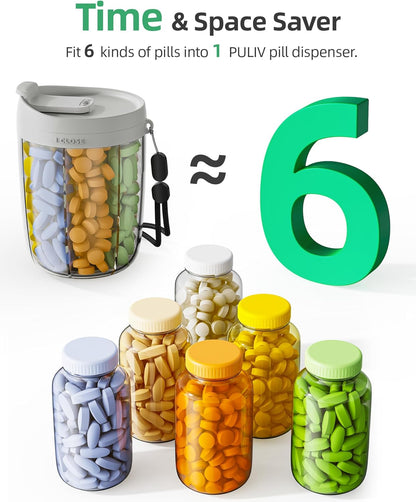 PULIV Large Pill Bottle Organizer for Holding 6 Various Vitamins without Filling Hassle, Supplement Organizer for Travel, Anti-Mixing Pill Box Case with Wide Opening for Easy Pill Retrieval, 20 Labels