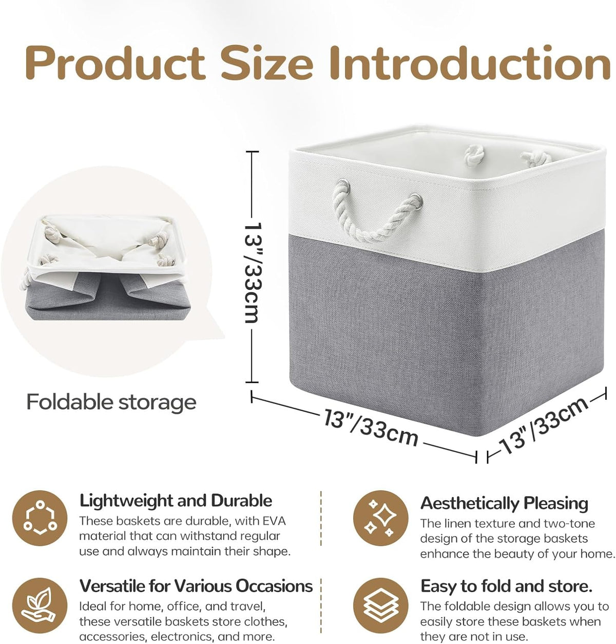 Large Storage Baskets- 15.7x11.8x8.26 inch Storage Bins for Shelves and Closet Organizing, Foldable Fabric Bin for Home Organization Clothes and Laundry (3-Pack, White&Khaki)
