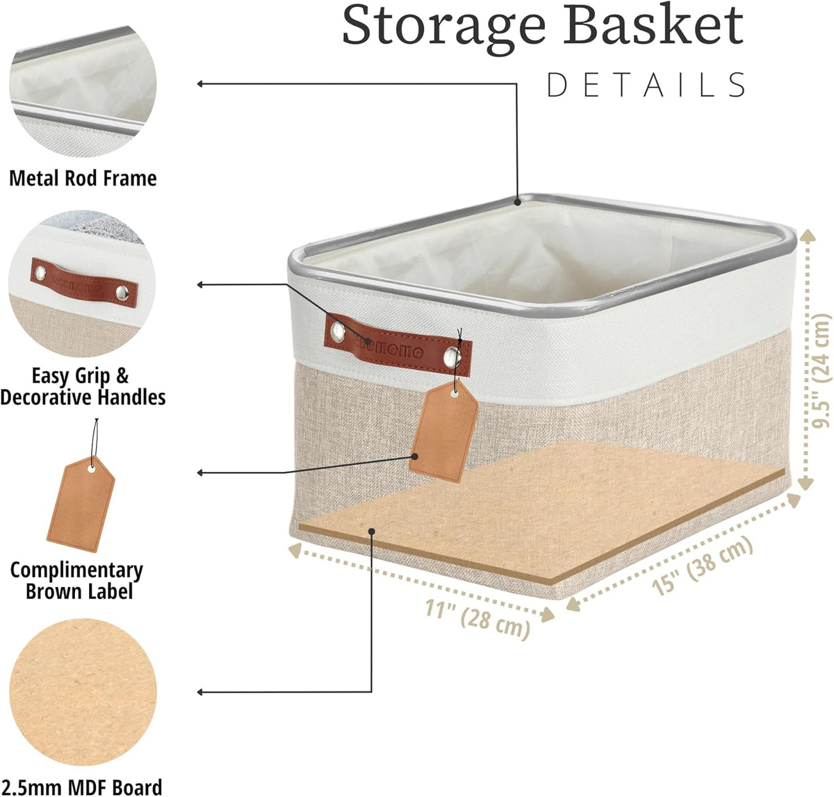 DECOMOMO Storage Bins, Large Fabric Storage Baskets for Shelves, Decorative Linen Closet Organizer, 15 x 11 x 9.5 inches (Beige & White, 3 Pack)