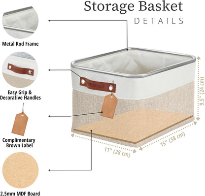 DECOMOMO Storage Bins, Large Fabric Storage Baskets for Shelves, Decorative Linen Closet Organizer, 15 x 11 x 9.5 inches (Beige & White, 3 Pack)