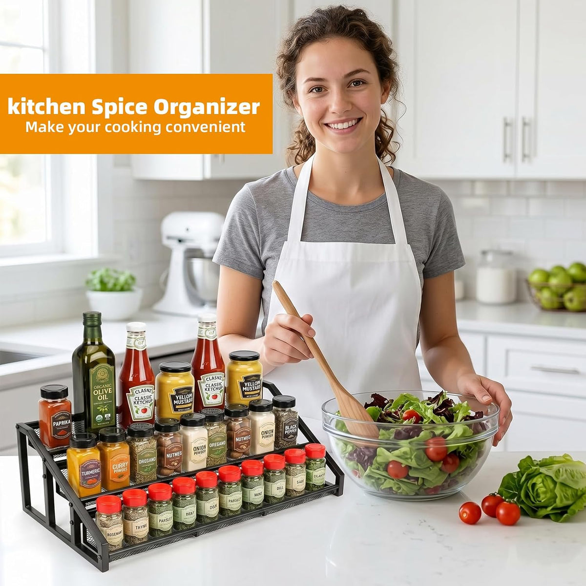 3 Tier Expandable Spice Rack Organizer for Kitchen,13.7"-23.6" Heavy Duty Spice Organization Shelf,Metal Pantry Storage Shelves Racks, Good Space for for Pantry, Counter top,Patent Pending