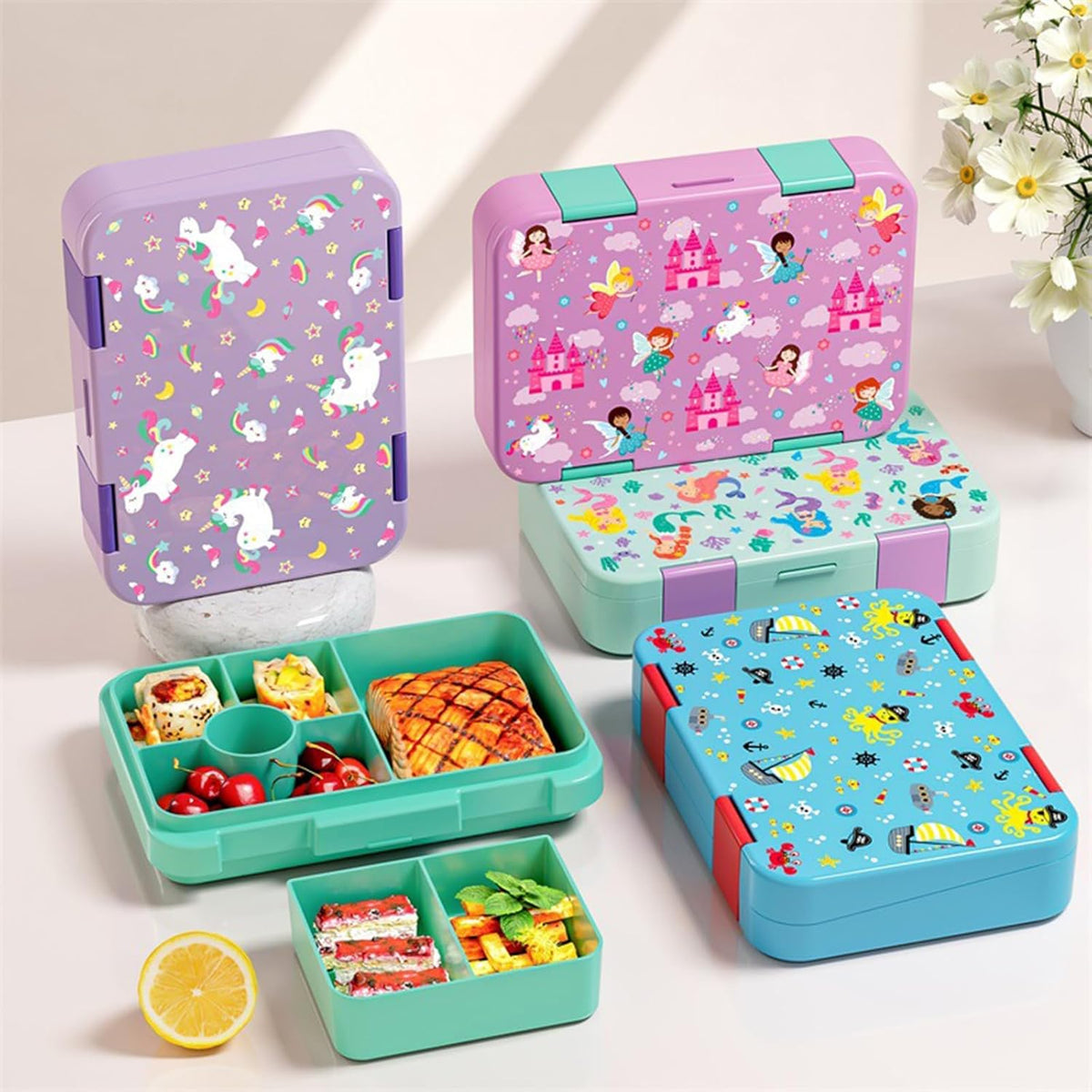 Bento Lunch Box for Kids, 6 Compartments BPA Free, Dishwasher Safe Back to School Snack Bento Lunch Containers Boxes, Ideal Portion Sizes for On-the-Go Meal, Ages 3+, School, Green Patterned