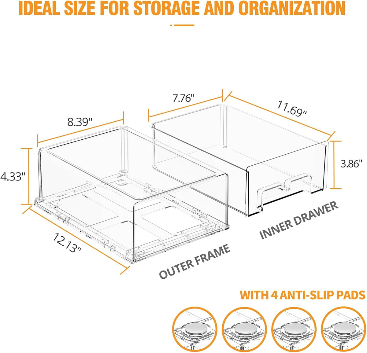 BOICHU 2 Pack Stackable Storage Drawers - Clear Refrigerator Drawers for Refrigerator Organizers and Storage, Acrylic Fridge Drawer Organizer with Handles for Bathroom, Undersink, Cabinet, Pantry, etc