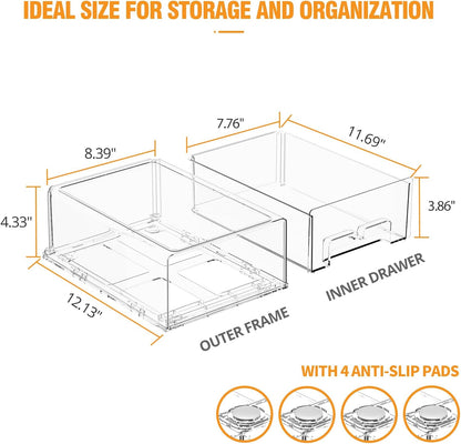 BOICHU 2 Pack Stackable Storage Drawers - Clear Refrigerator Drawers for Refrigerator Organizers and Storage, Acrylic Fridge Drawer Organizer with Handles for Bathroom, Undersink, Cabinet, Pantry, etc