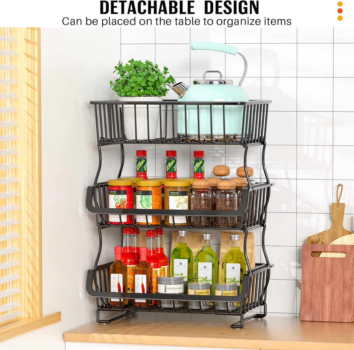Gsiekare 3-Tier Rolling Pantry Organizer and Storage Cart with Wheels – Stackable Wire Snack Cart for Kitchen, Pantry Shelves and Storage Rack for Fruit, Vegetables, Onion, Potato (1 Pack)