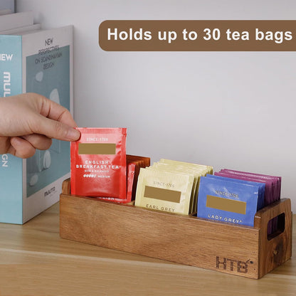 HTB Small Tea Bag Box Wooden, 3 Compartments Acacia Wood Tea Bag Chest with Handle, Mini Countertop Divided Storage Container for Beverage Supplies, Sugar, Sweeteners, Individual Packets